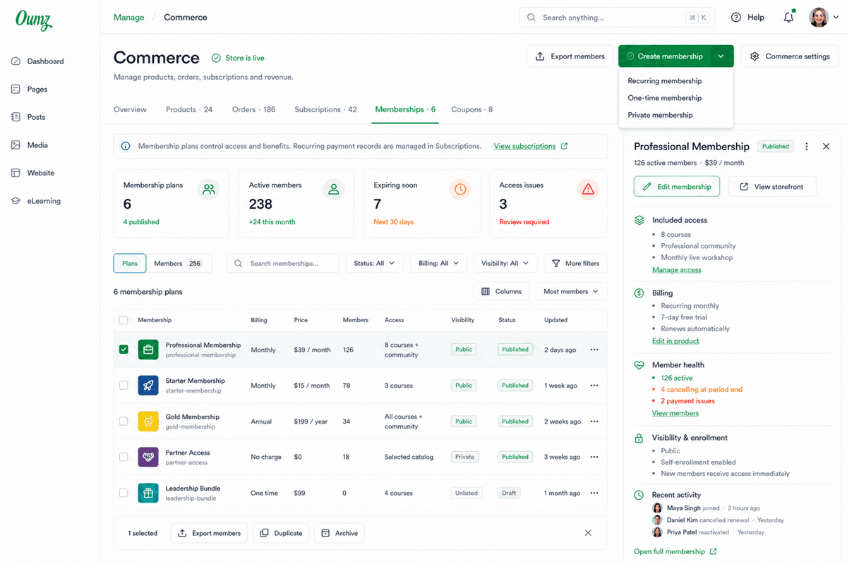 Membership and recurring subscription management