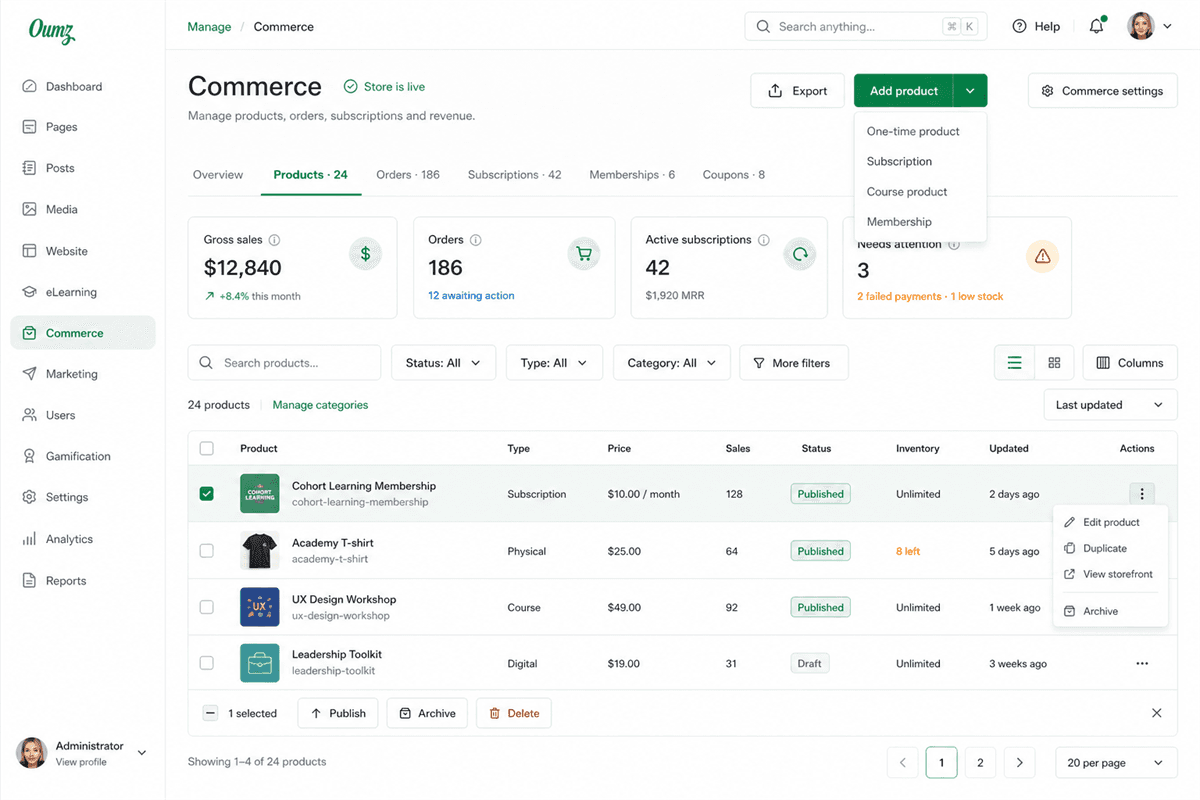 AcademyLauncher product and commerce management