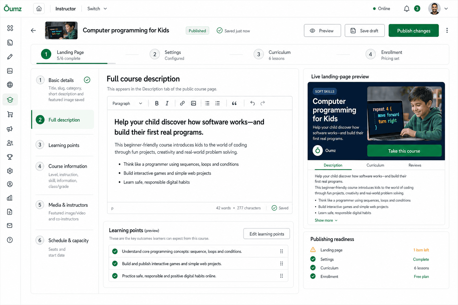 Instructor course creator and lesson authoring workspace